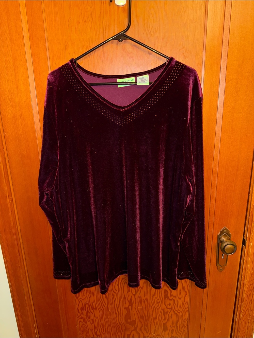 Jaclyn Smith Plum Velvet V-Neck Top with Studded Trim